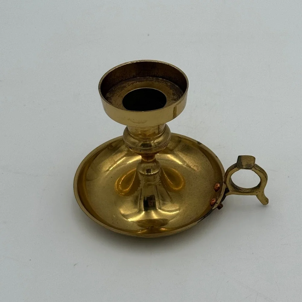 Vintage Solid Brass Chamberstick Candle Holder Finger Loop Handle Made in India